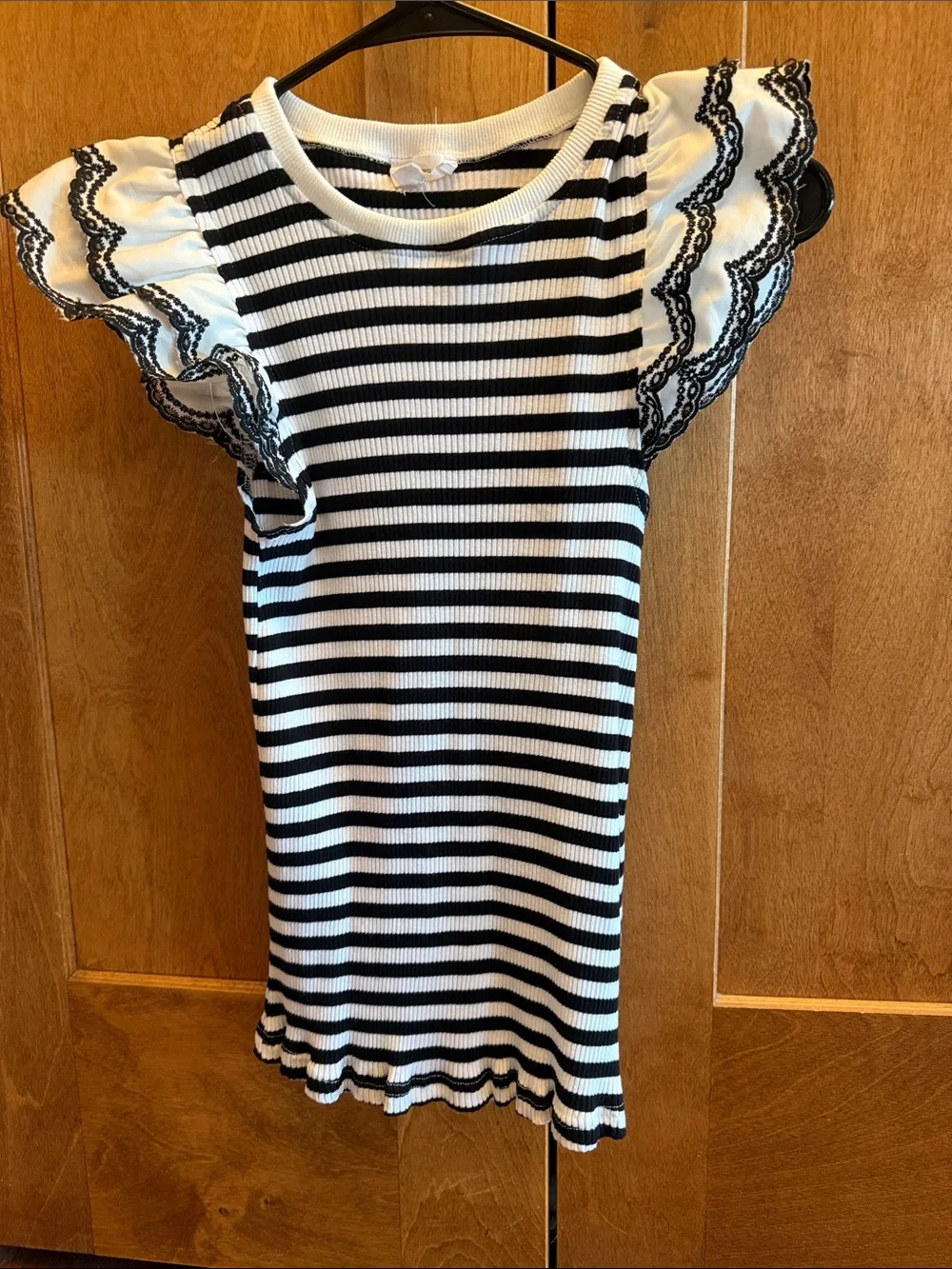Striped Ruffle Sleeve Knit Top - Black & White - Picture 1 of 6